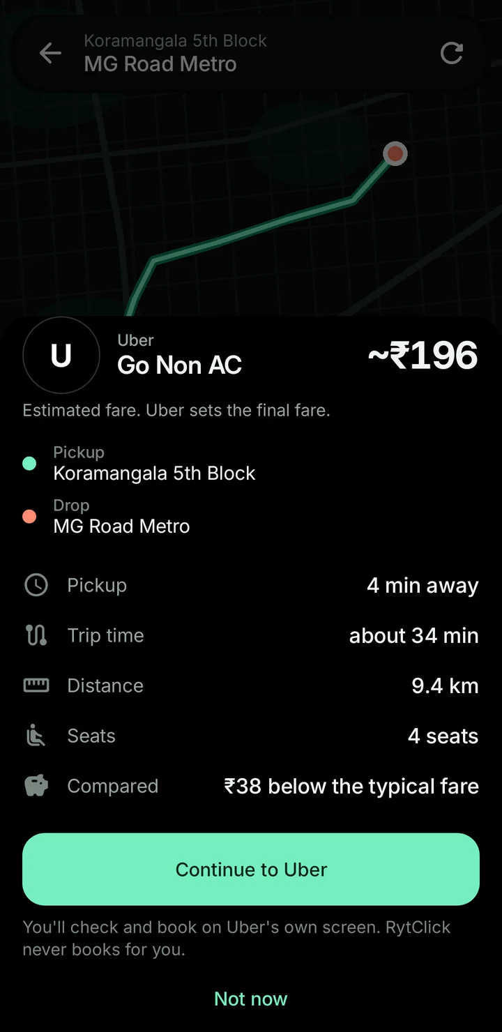Ride details before continuing to Uber