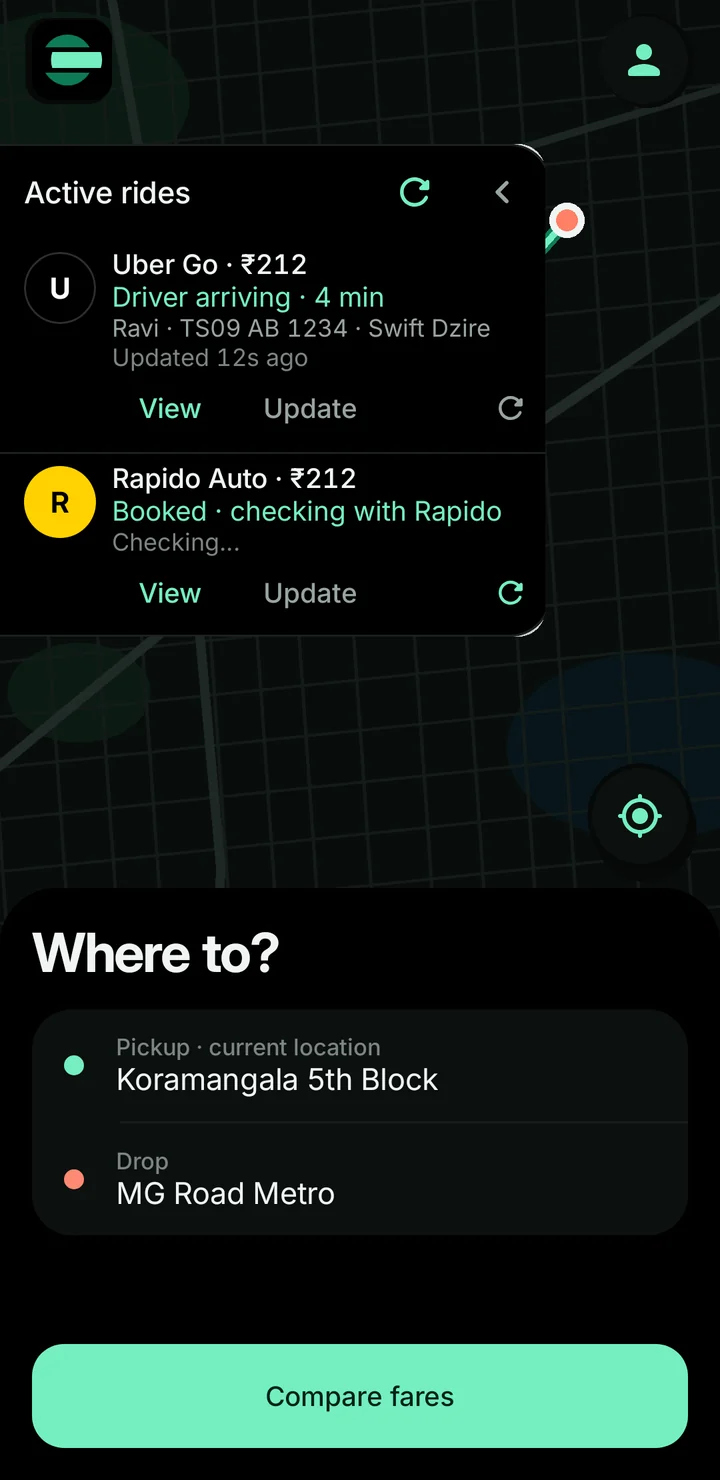Active rides showing an Uber driver arriving in 4 minutes
